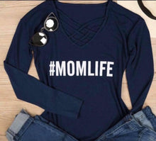 Load image into Gallery viewer, Lightweight long sleeve #Momlife sweaters with criss cross design
