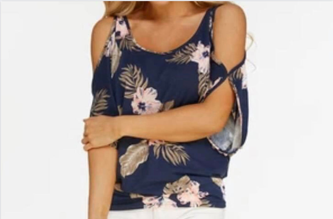 Cold shoulder floral top with tie up back