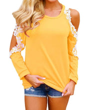 Load image into Gallery viewer, Cold shoulder long sleeve top with lace crochet trim
