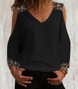 Cold shoulder long sleeve top with leopard print trim