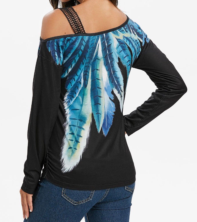 Long sleeve one strap feather print top