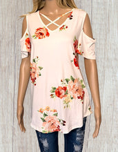 Load image into Gallery viewer, Cold shoulder floral criss cross top
