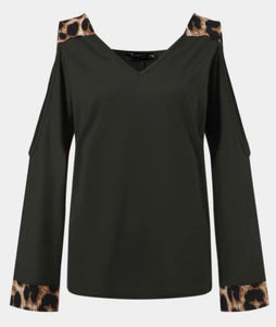 Cold shoulder long sleeve top with leopard print trim