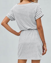 Load image into Gallery viewer, Grey striped t-shirt dress with pockets

