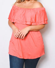 Load image into Gallery viewer, Plus size coral off shoulder top with ruffle
