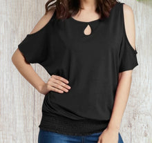 Load image into Gallery viewer, Black cold shoulder top with elastic waistband
