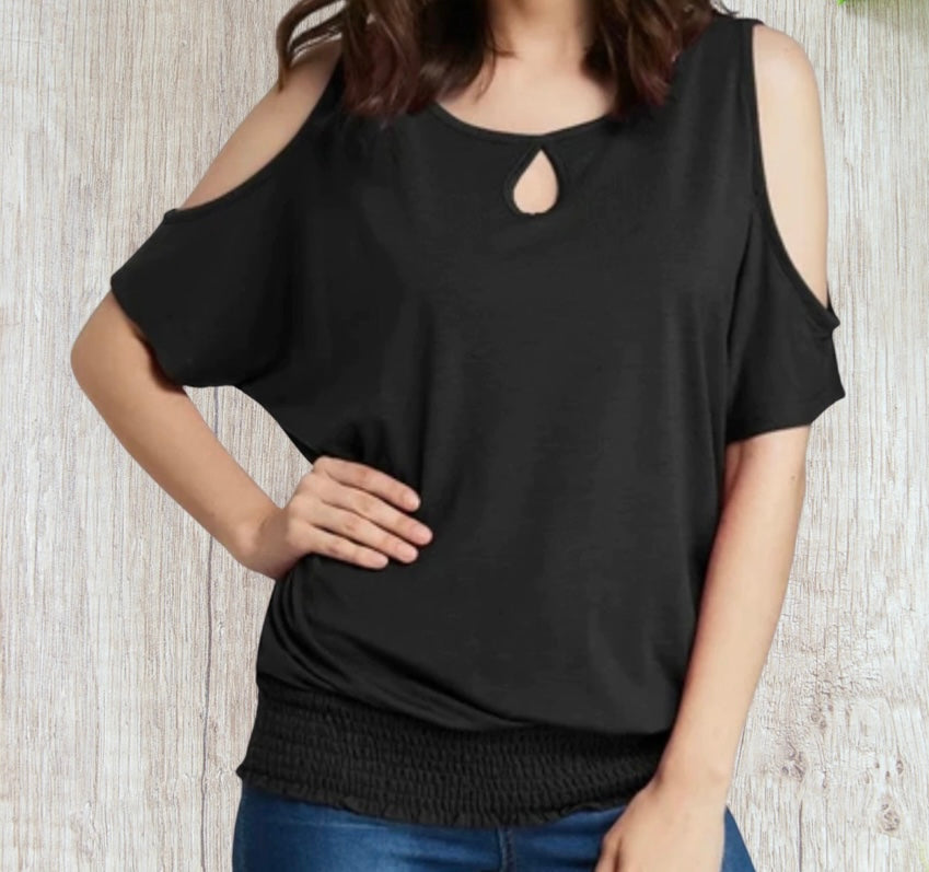 Black cold shoulder top with elastic waistband