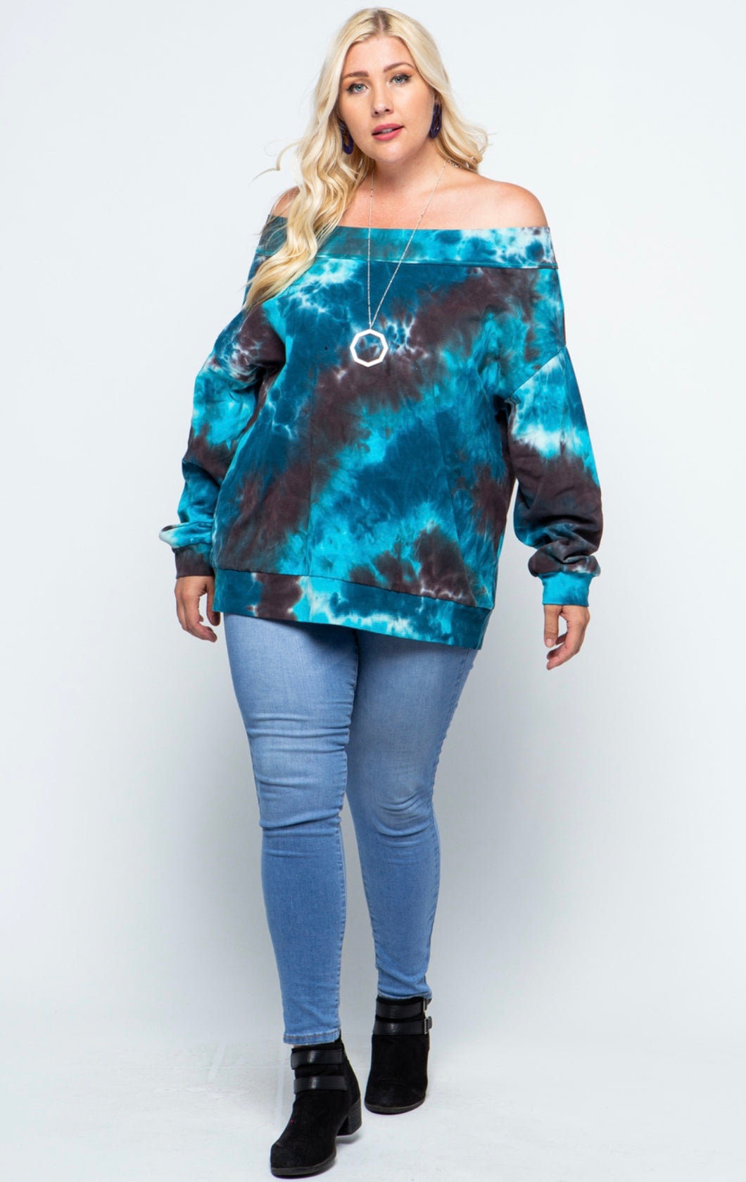 Plus Size Tie Dye French Terry Off Shoulder Sweatshirt