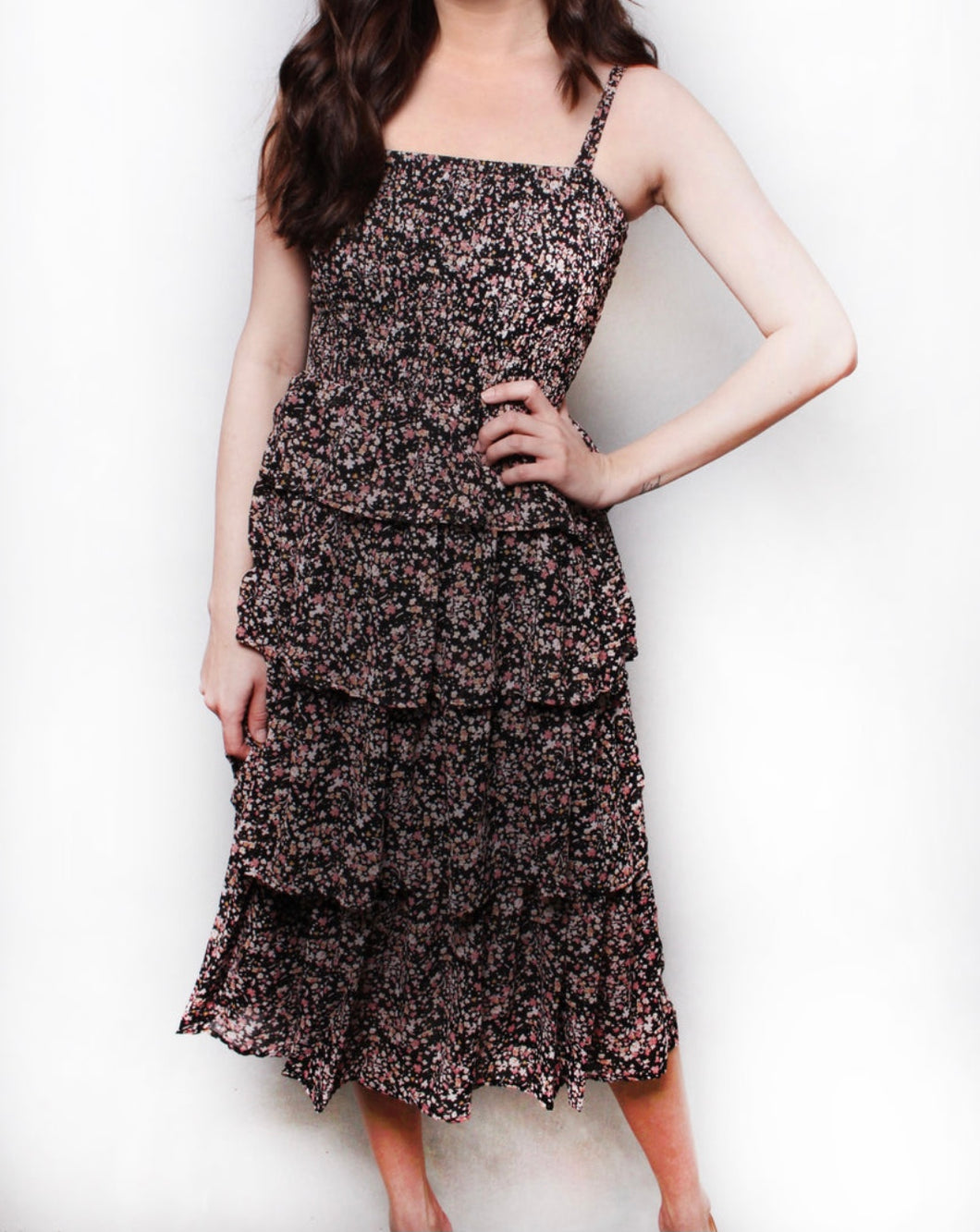 Black floral tiered midi dress