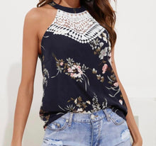 Load image into Gallery viewer, Floral print hollow out crochet halter style top
