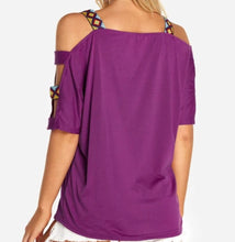 Load image into Gallery viewer, Purple cut out cold shoulder top with patterned straps
