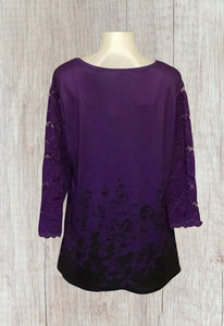 Plus size Purple top with black floral pattern and crochet sleeve