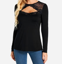 Load image into Gallery viewer, Black long sleeve cut out top with lace insert
