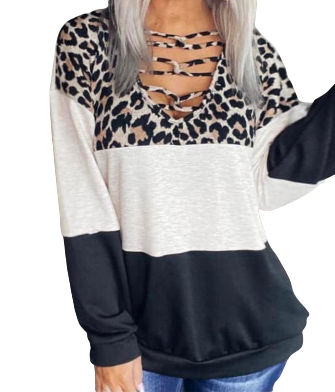 Leopard print color block linked neck long sleeve top