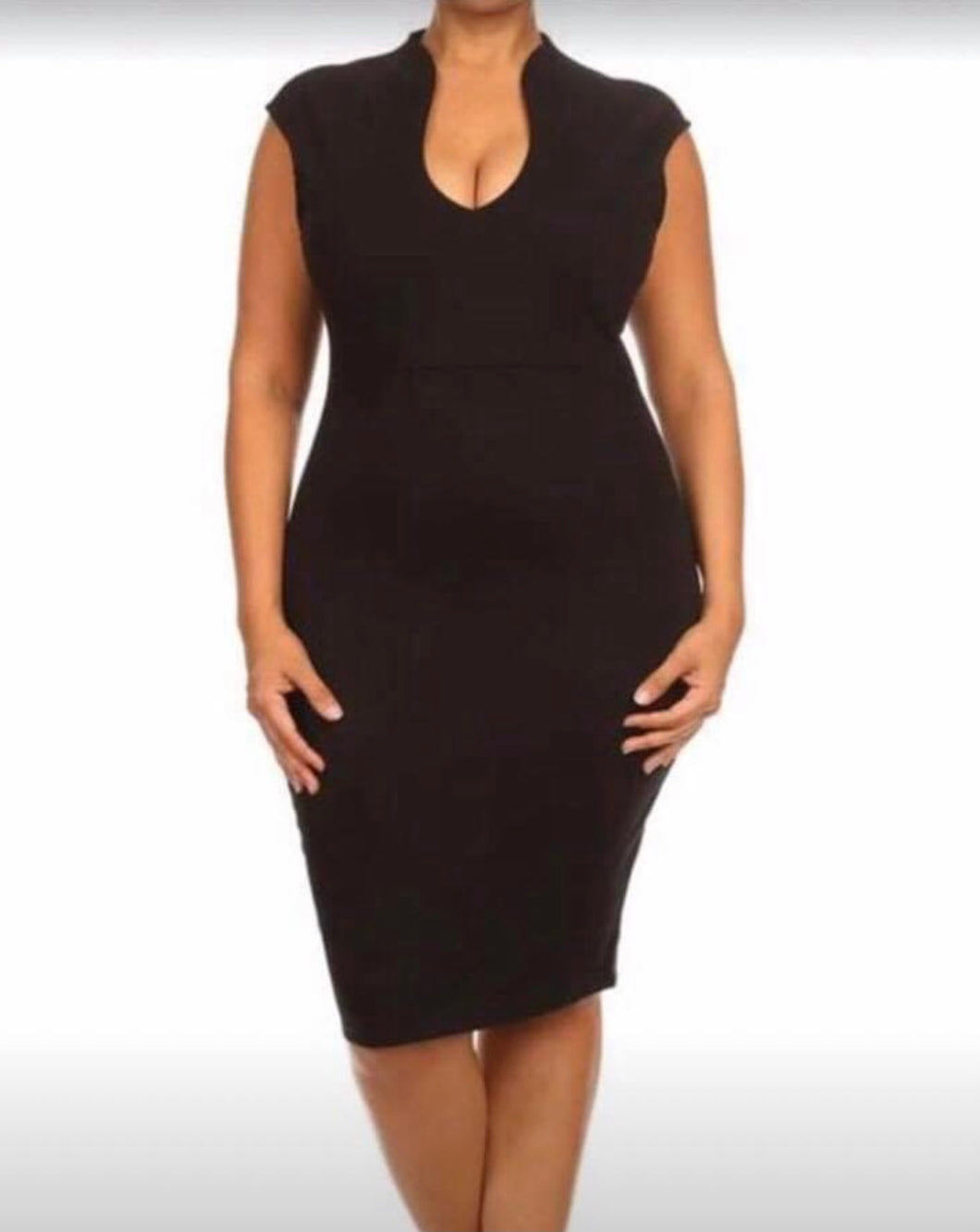 Sleeveless low cut black dress.