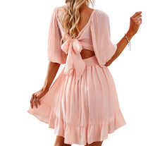 Load image into Gallery viewer, Square neck ruffled dress with bow knot in back
