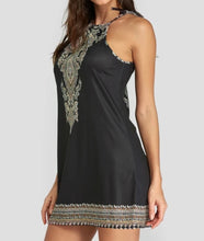 Load image into Gallery viewer, Black tribal print dress with tie up spaghetti strap
