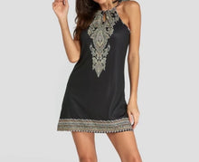 Load image into Gallery viewer, Black tribal print dress with tie up spaghetti strap
