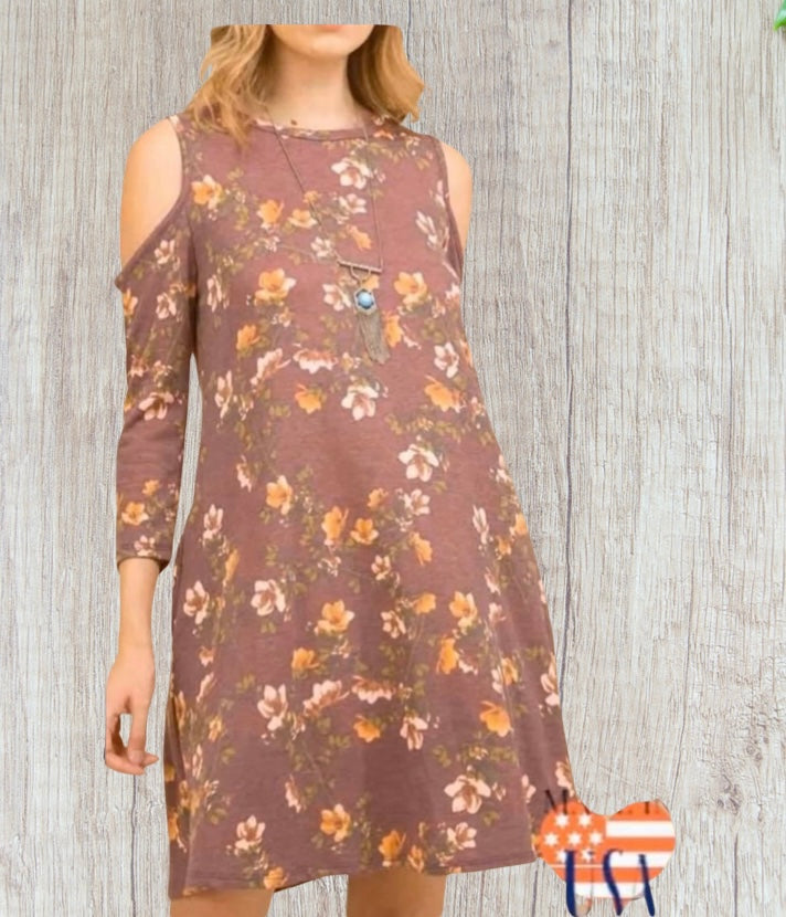 Dusty rose floral open shoulder dress with pockets