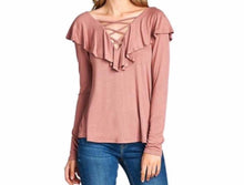 Load image into Gallery viewer, Long sleeve criss cross top with ruffle
