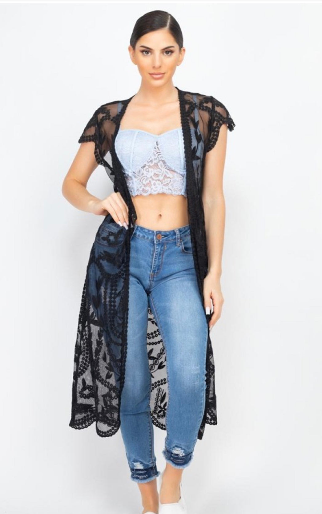 Black floral embroidered long cardigan