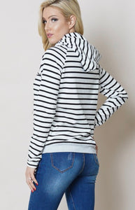 Plus size fleece knit drawstring striped hoodie