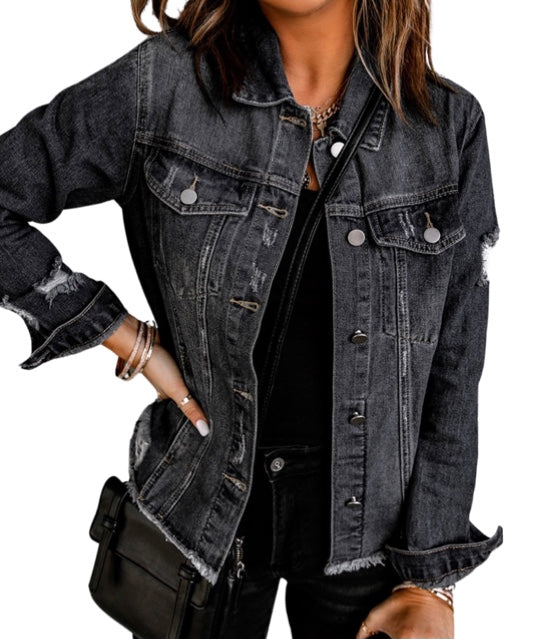 Black distressed raw hem denim jacket