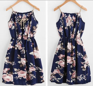 Navy floral dress with braided straps