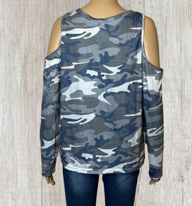 Grey camouflage cold shoulder long sleeve top