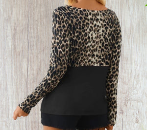 Long sleeve leopard print color block sweater