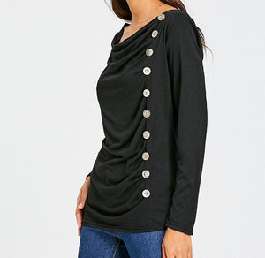 Long sleeve cowl neck blouse with decorative buttons