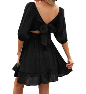 Square neck ruffled dress with bow knot in back