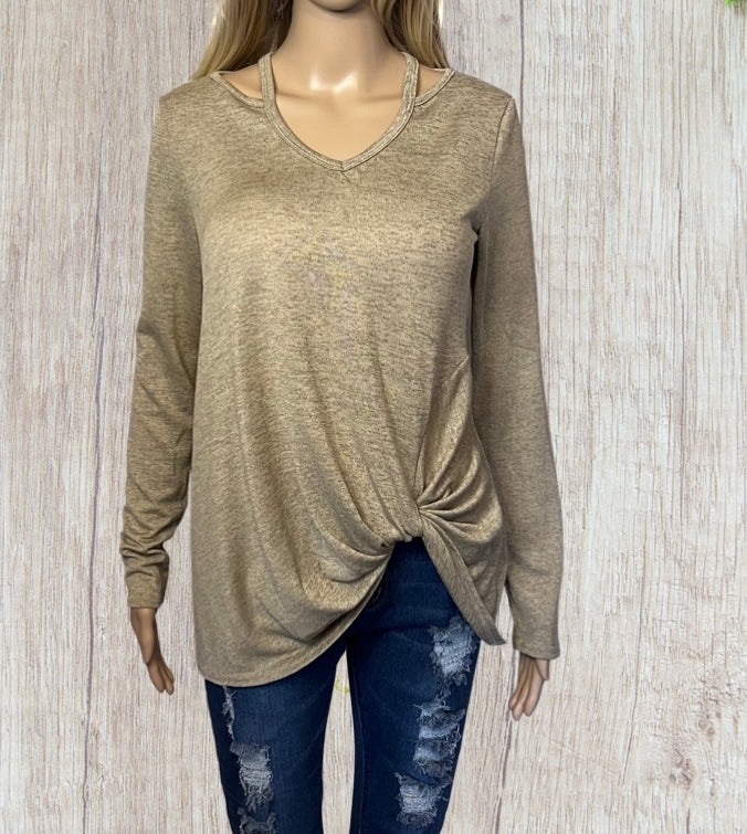 Long sleeve cut out design twisted hem top