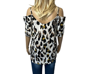 Leopard print cold shoulder short sleeve blouse