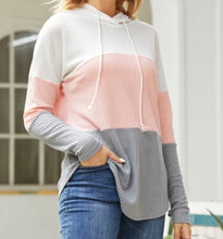 Load image into Gallery viewer, Pink color block waffle knit hoodie
