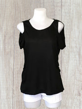 Load image into Gallery viewer, Black cold shoulder top with open criss cross back
