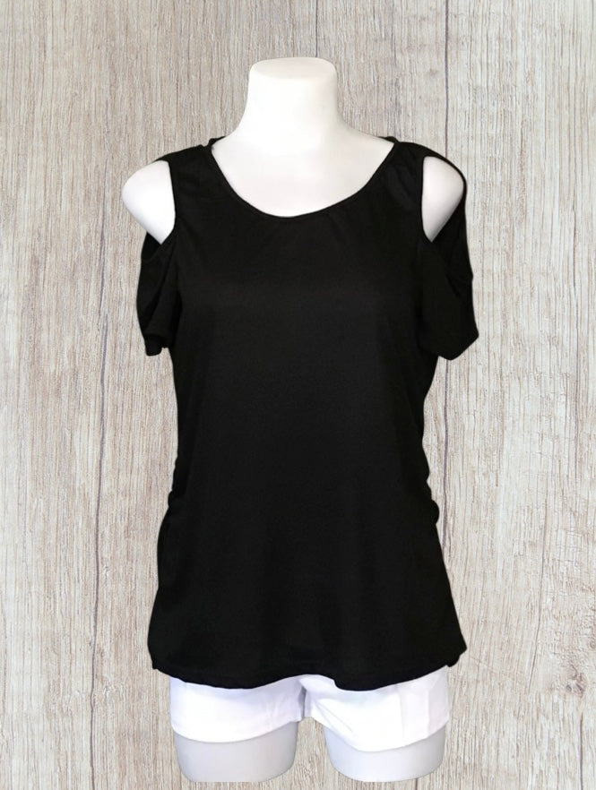 Black cold shoulder top with open criss cross back