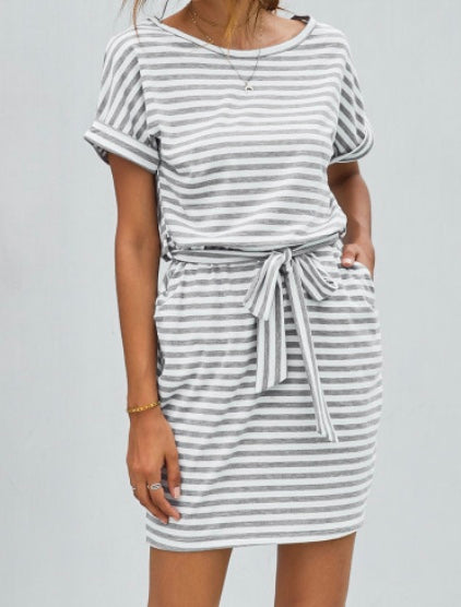 Grey striped t-shirt dress with pockets