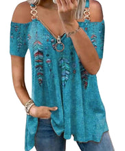 Load image into Gallery viewer, Feather pattern short sleeve top with metal straps
