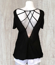 Load image into Gallery viewer, Black cold shoulder top with open criss cross back
