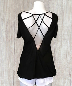 Black cold shoulder top with open criss cross back