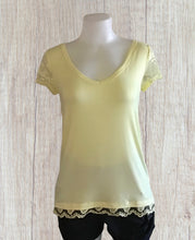 Load image into Gallery viewer, Pale yellow v-neck tee with lace trim
