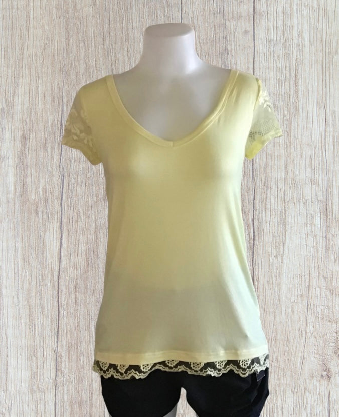 Pale yellow v-neck tee with lace trim