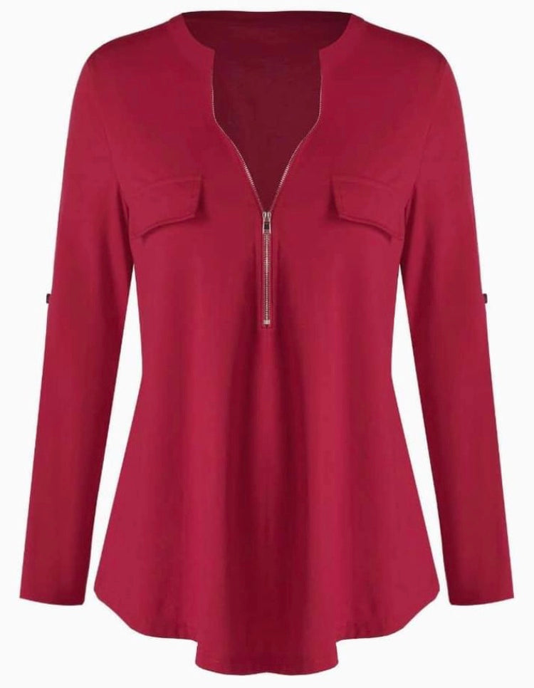 Lava red long sleeve top with 1/2 zipper