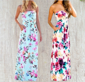 Floral strapless maxi dresses with pockets