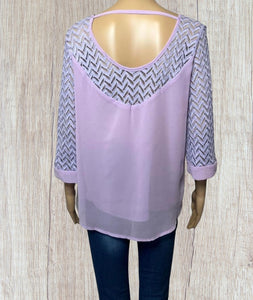 3/4 sleeve light purple blouse with lace