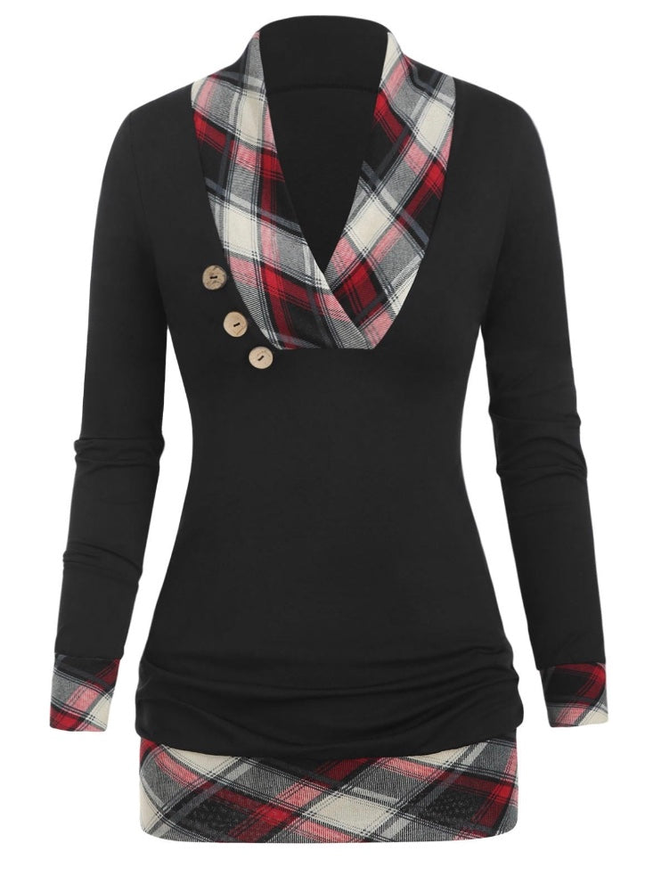 V-neck top with plaid detail