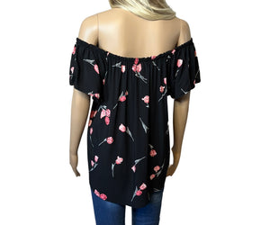 Short sleeve black floral tie up blouse