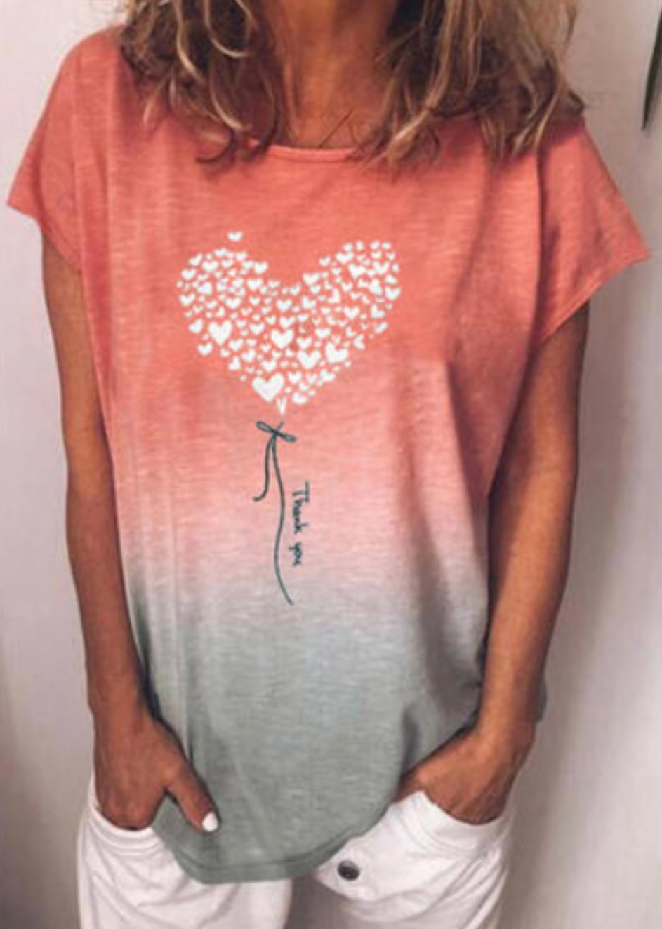 Grey/coral thank you with heart tee