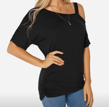 Load image into Gallery viewer, Black pleated design one strap short sleeve top
